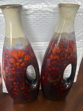 Amber and ivory and Cream Sculptural Ceramic Vase Pair with Oval Cutouts